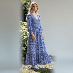 Ever New Meadow Shirred V Neck Linen Blend Blue Smocked Maxi Dress Size 8